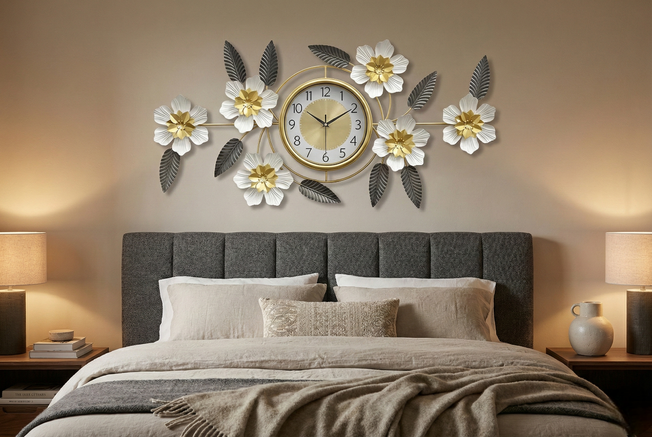 Luxury Iron Floral Wall Clock (90cm × 45cm) | 3D White & Gold Metal Wall Art for Living Room & Bedroom