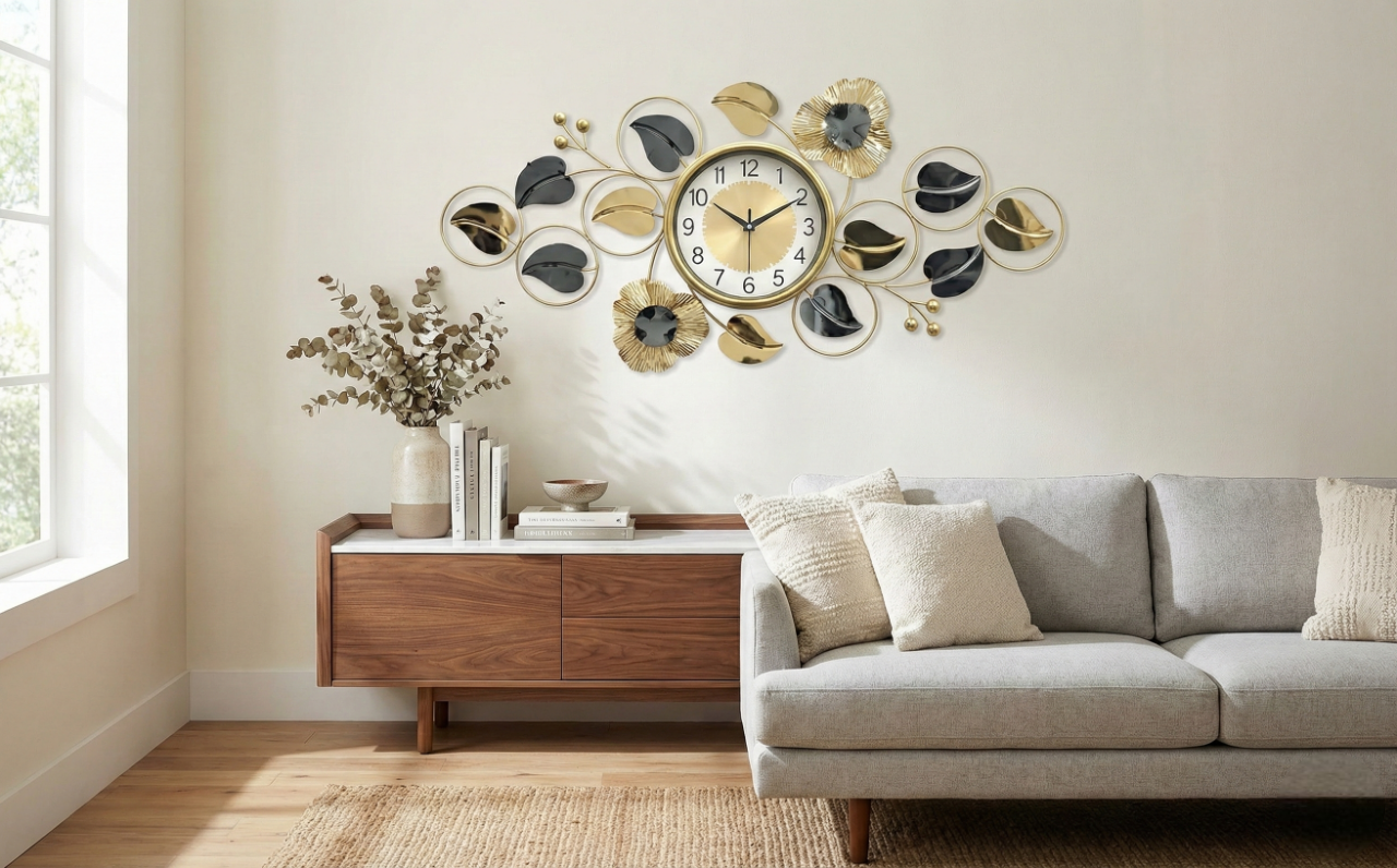 Luxury Iron Floral Wall Clock by FunkyTradition – Large Gold & Black Metal Wall Art Décor (90x45 cm) - Silent Movement