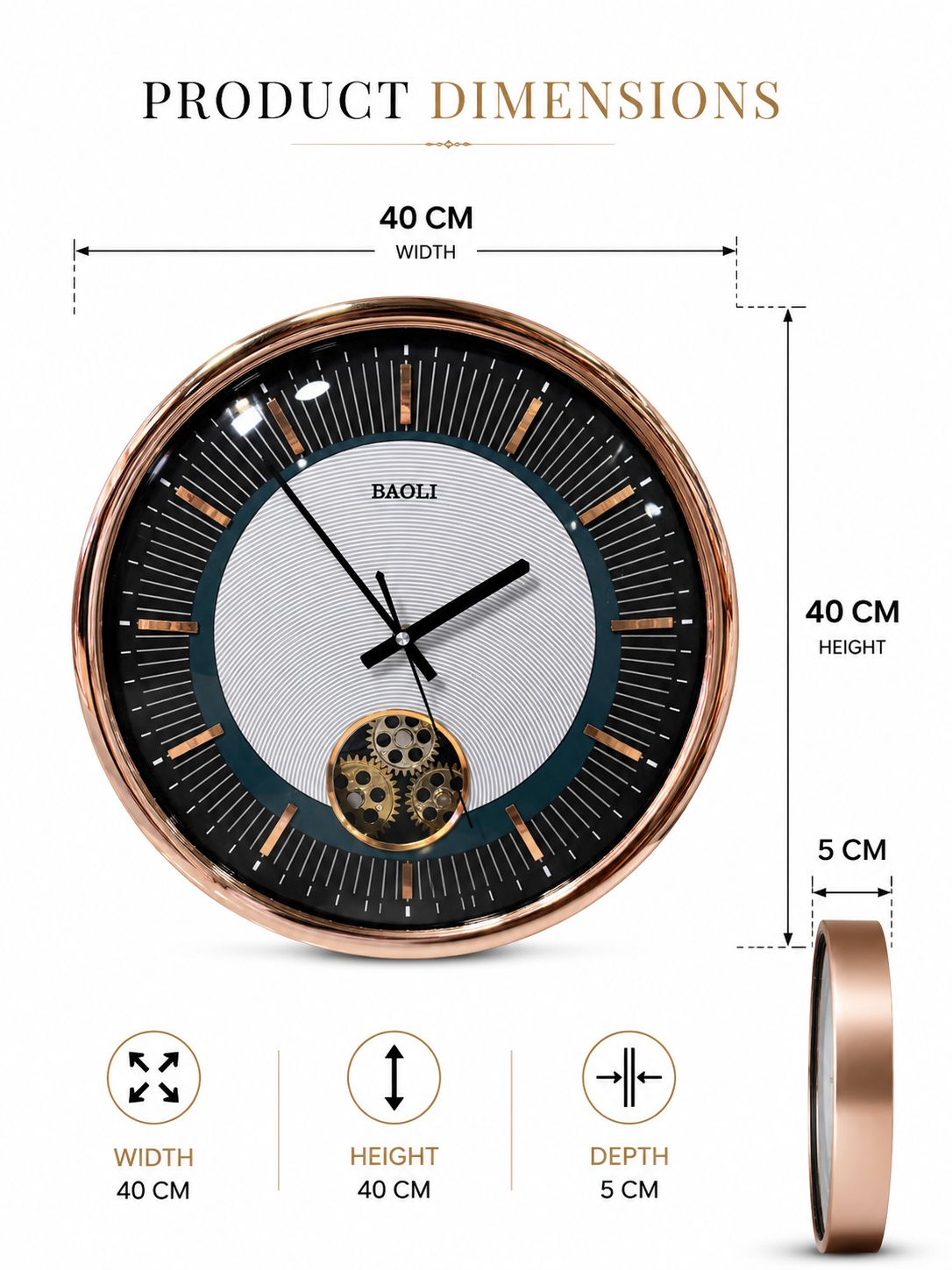 40 CM Designer Wall Clock Showing 5 CM Depth and Premium Construction