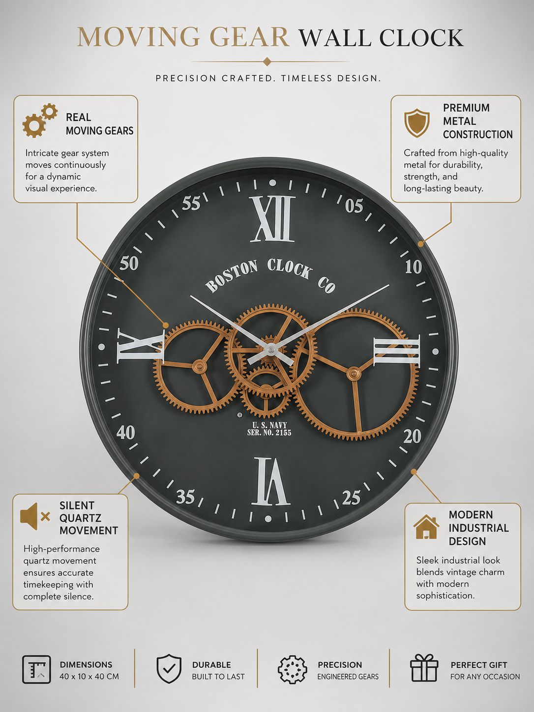 40 CM moving gear wall clock dimensions width height and depth infographic
