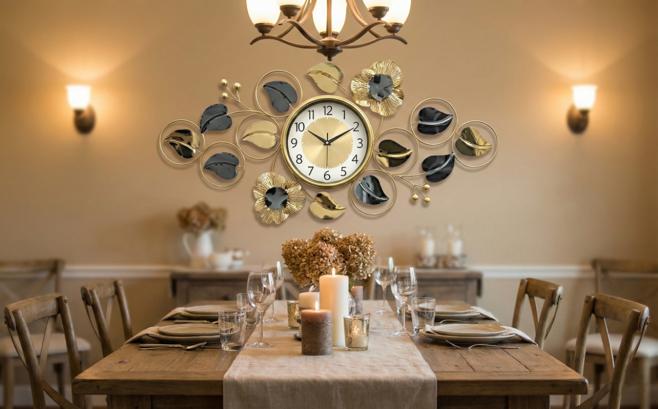 Luxury Iron Floral Wall Clock by FunkyTradition – Large Gold & Black Metal Wall Art Décor (90x45 cm) - Silent Movement