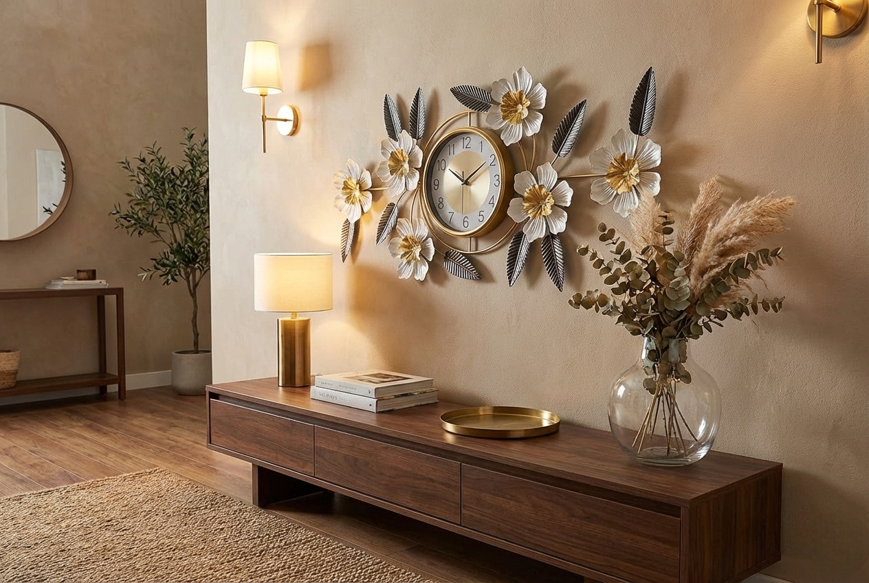 Luxury Iron Floral Wall Clock (90cm × 45cm) | 3D White & Gold Metal Wall Art for Living Room & Bedroom