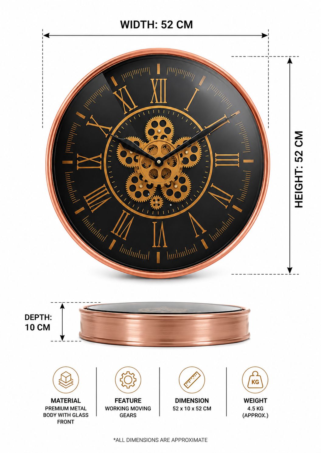 52 CM Rose Gold Moving Gear Wall Clock Size and Dimensions