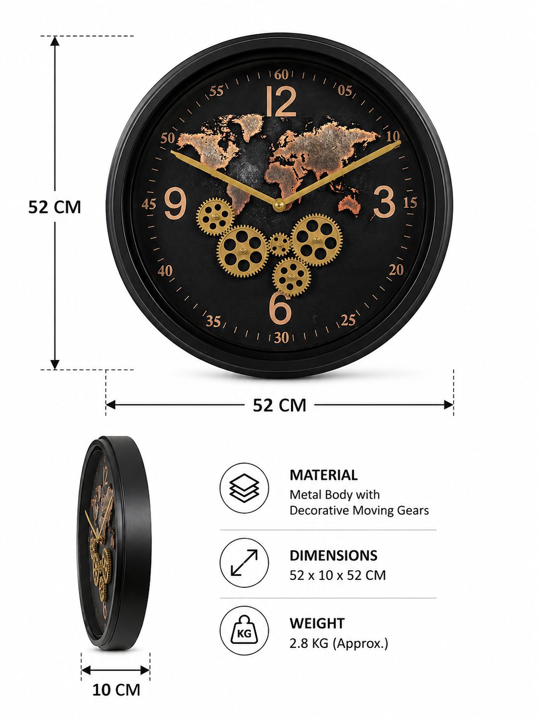 52 CM world map metal wall clock dimensions and specifications infographic