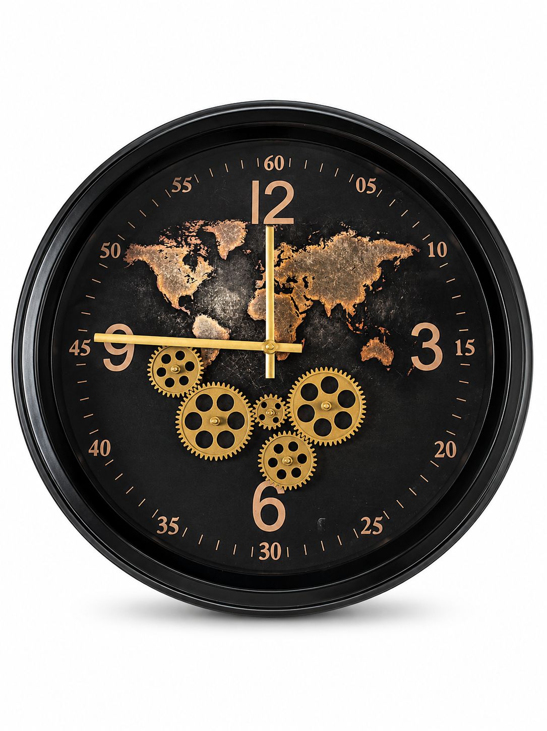 52 CM world map moving gear wall clock in black and gold premium metal finish