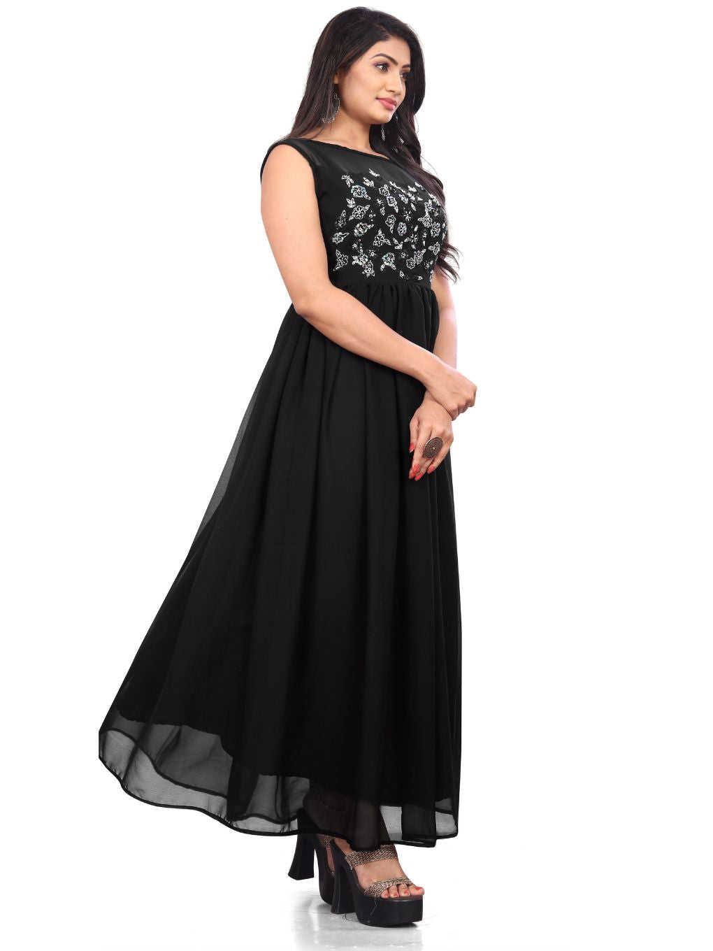 Adorable Embroidered Work Net Designer Wear Black Readymade Gown- FunkyTradition