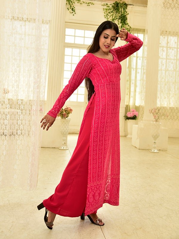 Pink Impressive Designer Chickankari Kurta Set With Palazzo And Dupatta-FunkyTradition