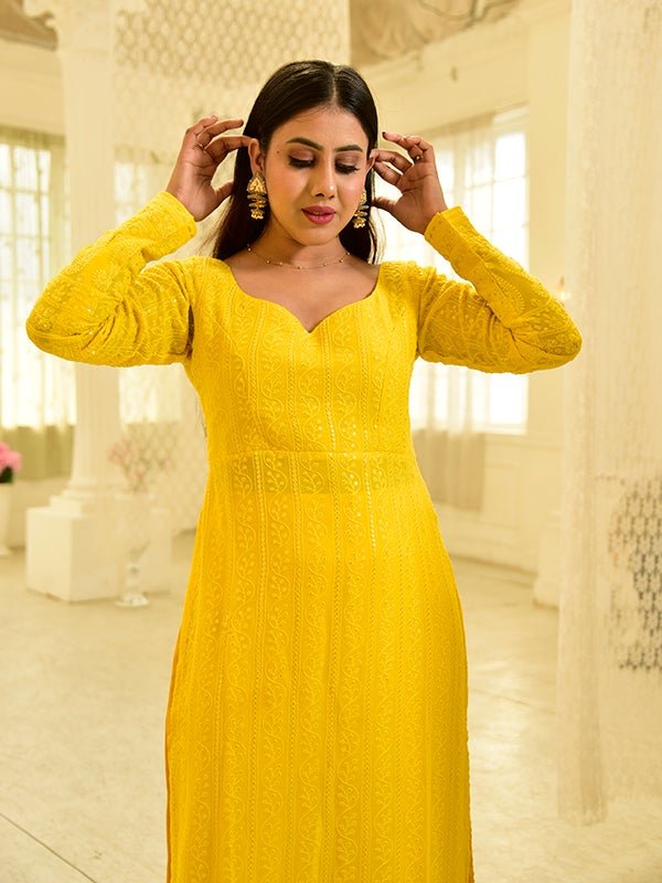 Yellow Impressive Designer Chickankari Kurta Set With Palazzo And Dupatta-FunkyTradition