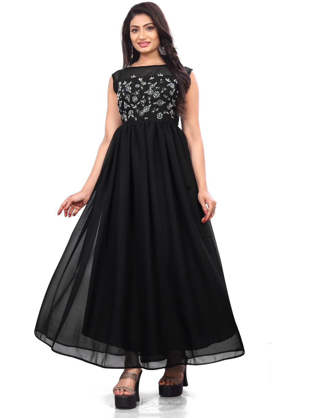 Adorable Embroidered Work Net Designer Wear Black Readymade Gown- FunkyTradition