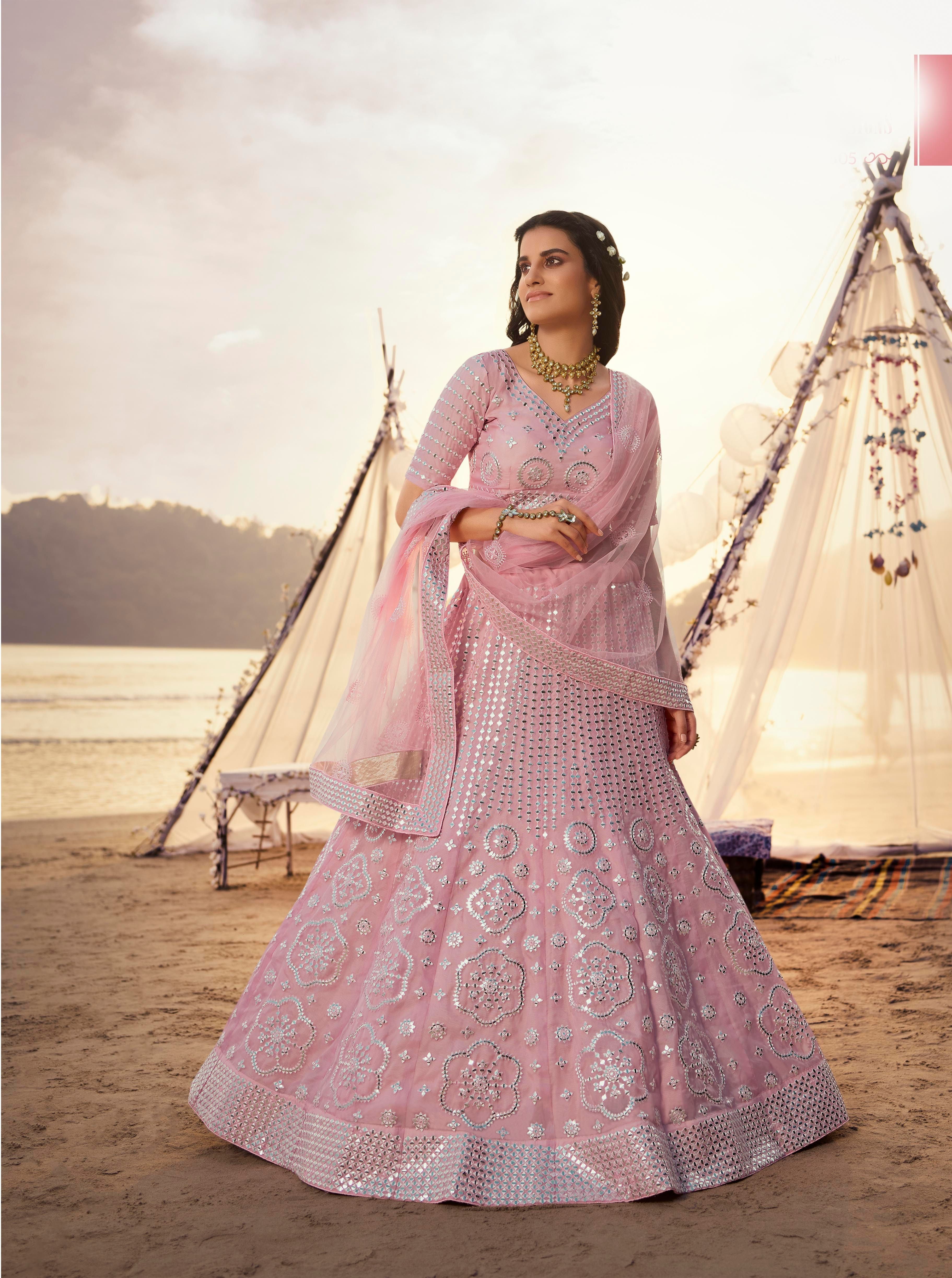 Light Pink Color Mirror Work Heavy Embroidered Organza Semi-Stitched Lehenga Choli - FunkyTradition