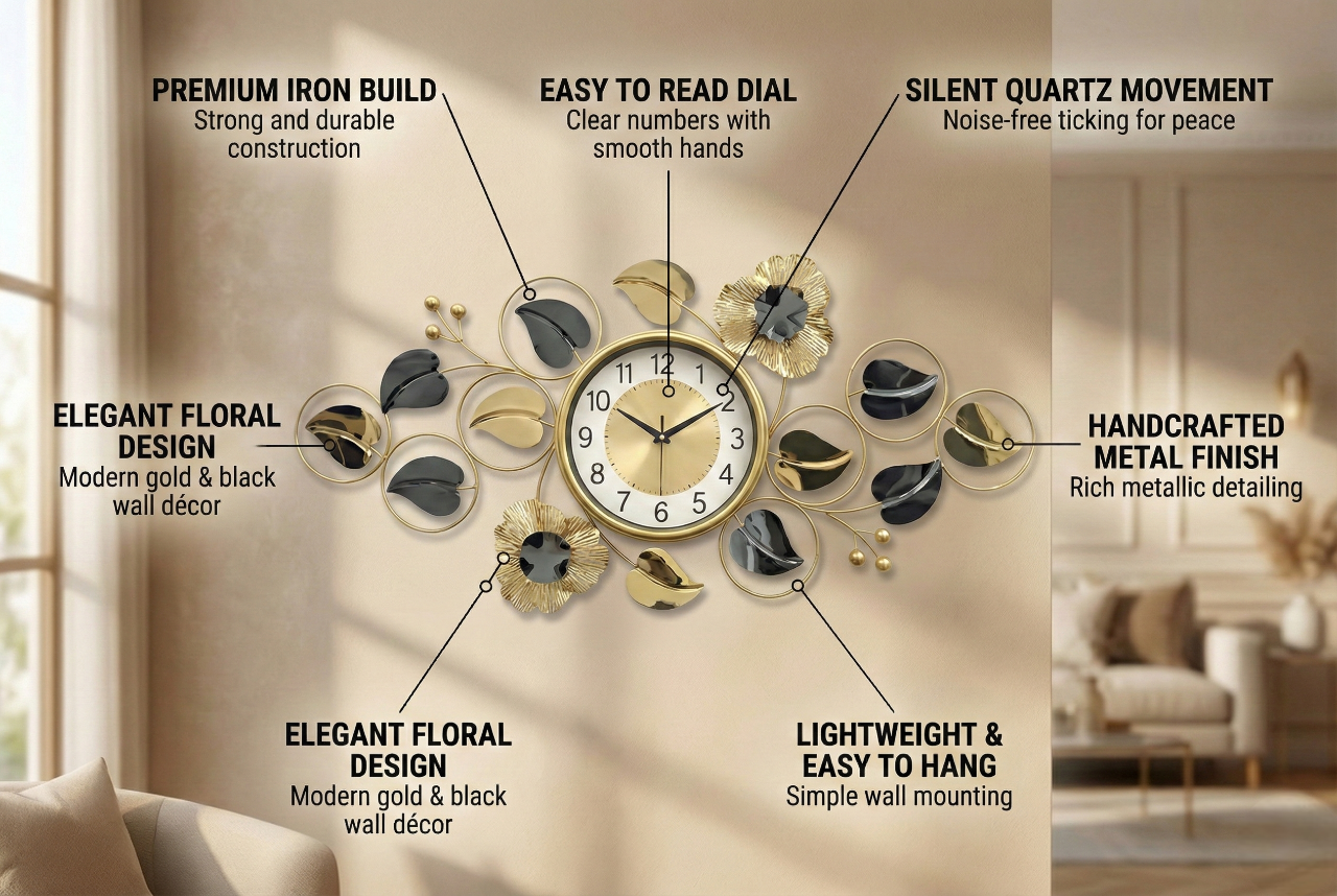 Luxury Iron Floral Wall Clock by FunkyTradition – Large Gold & Black Metal Wall Art Décor (90x45 cm) - Silent Movement