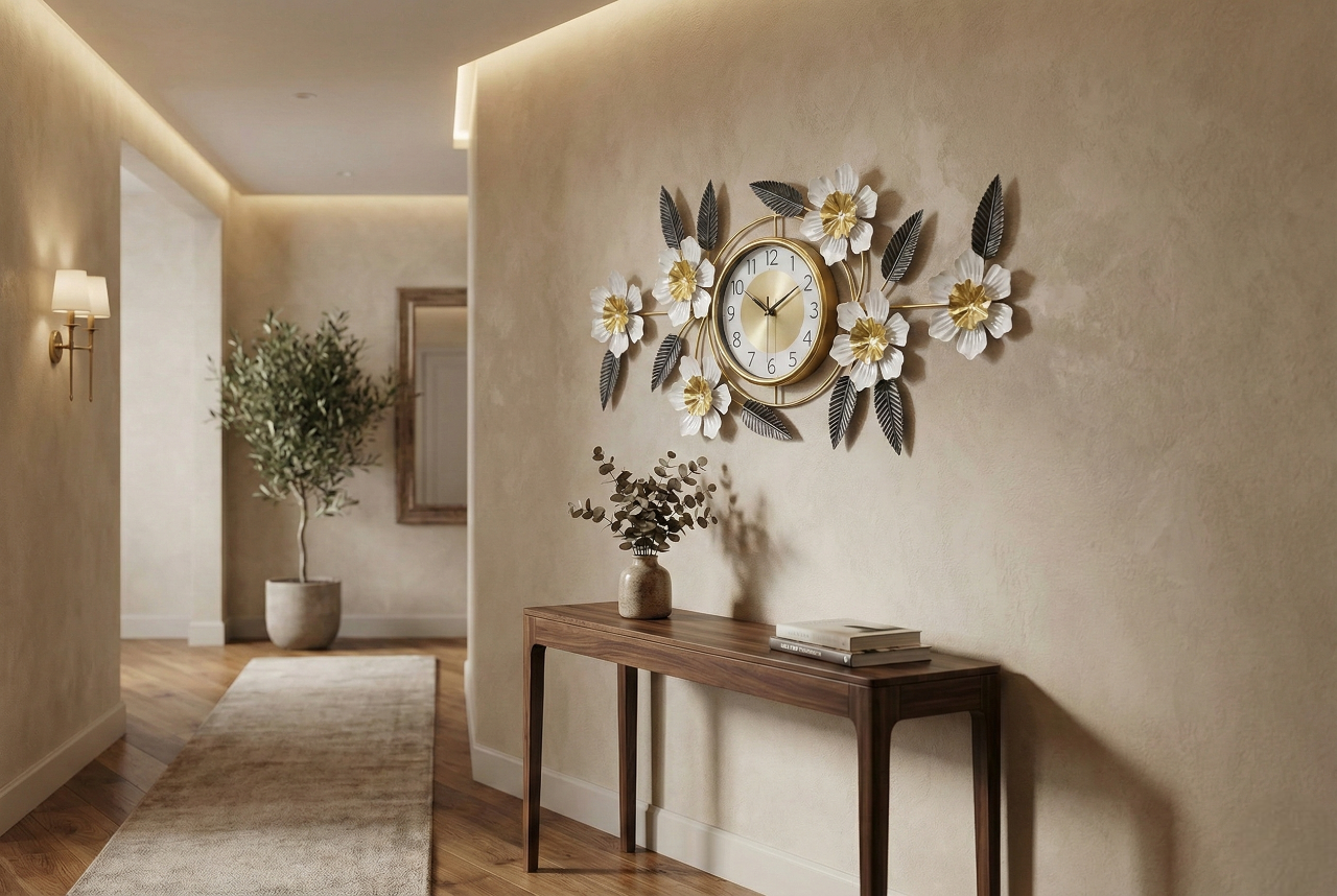 Luxury Iron Floral Wall Clock (90cm × 45cm) | 3D White & Gold Metal Wall Art for Living Room & Bedroom