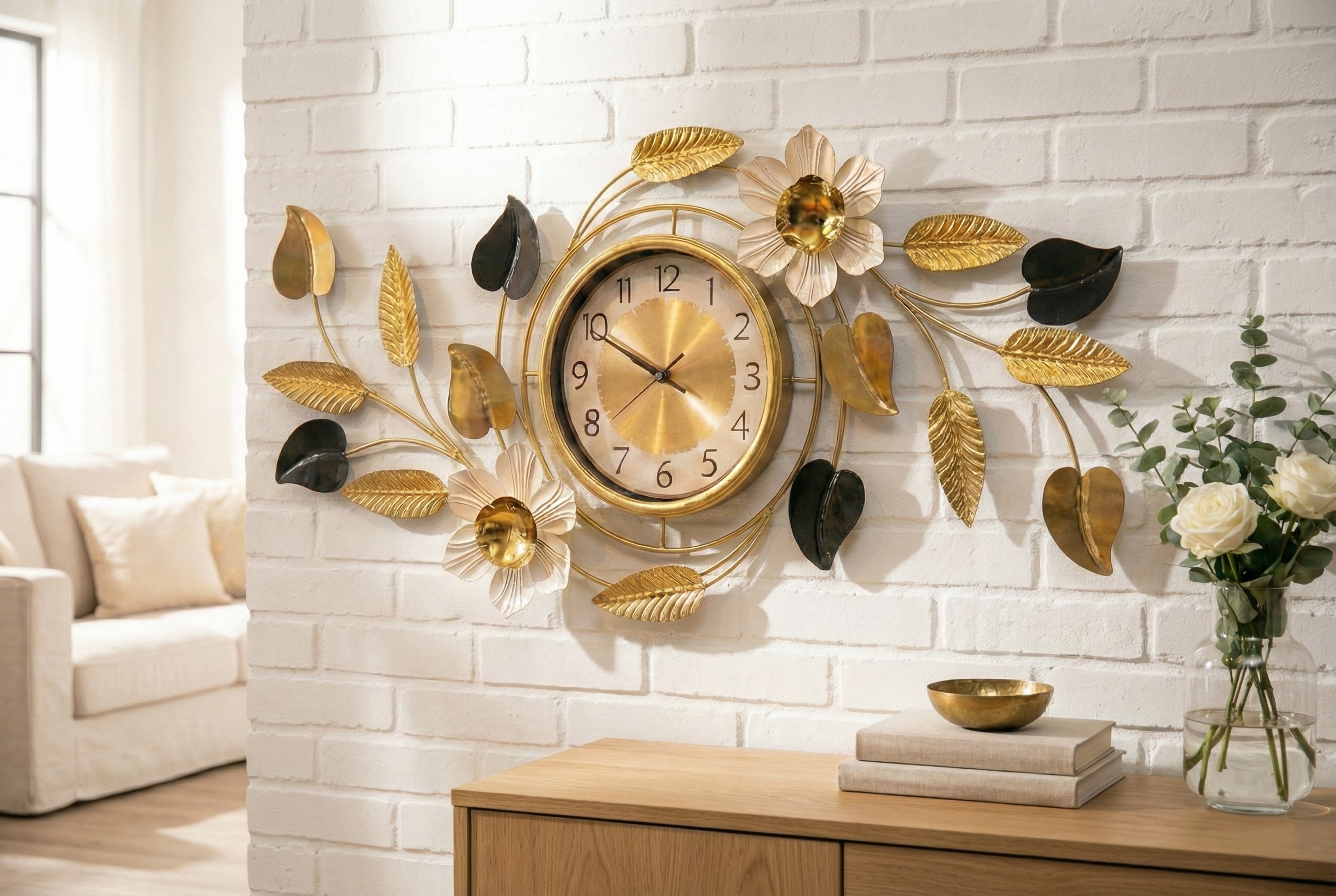 Luxurious 3D Floral Metal Wall Clock by FunkyTradition – Large Gold & Black Iron Art (90x45cm) with Silent Movement