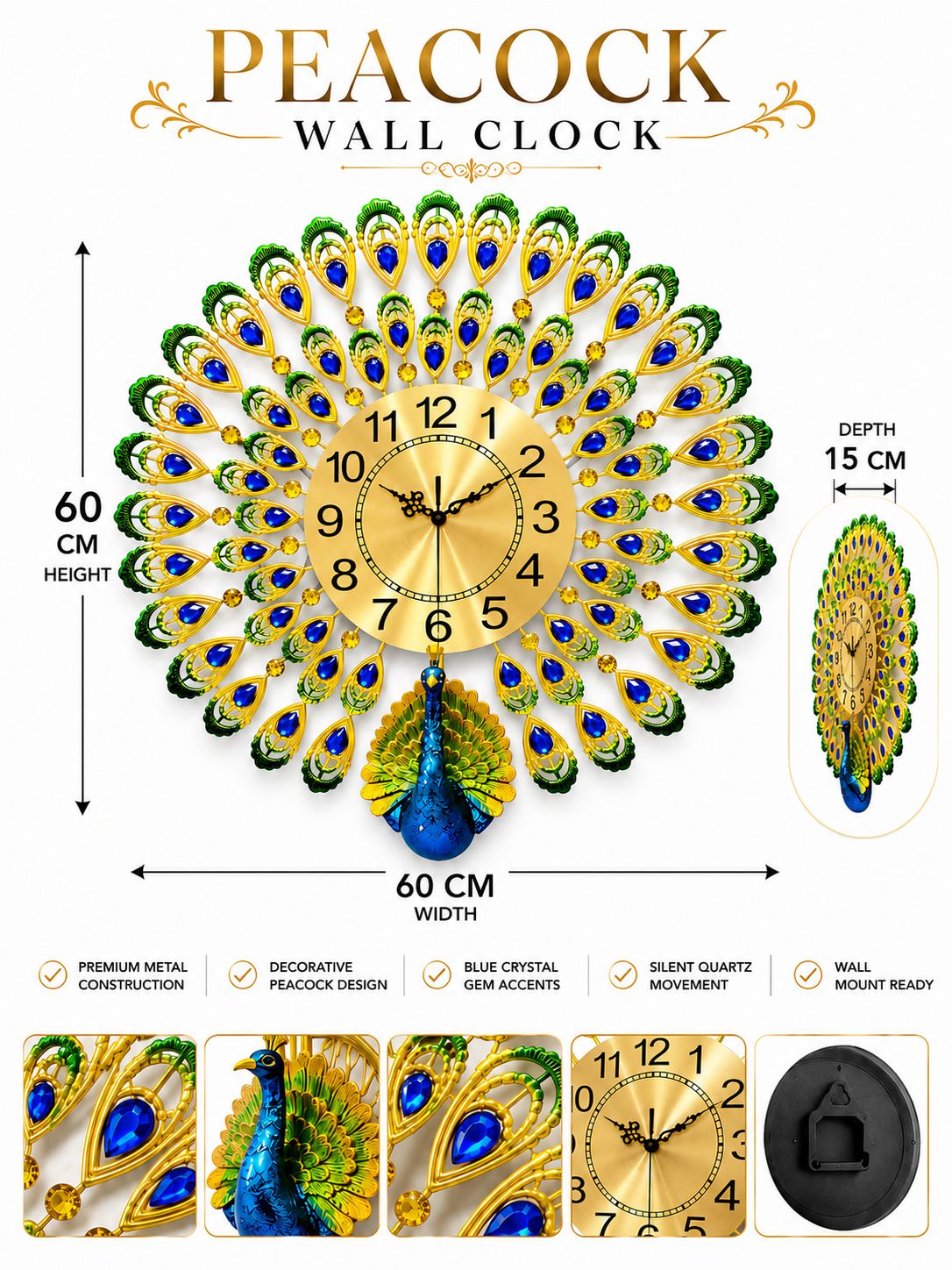 60 cm peacock wall clock with crystal embellishments and silent quartz movement