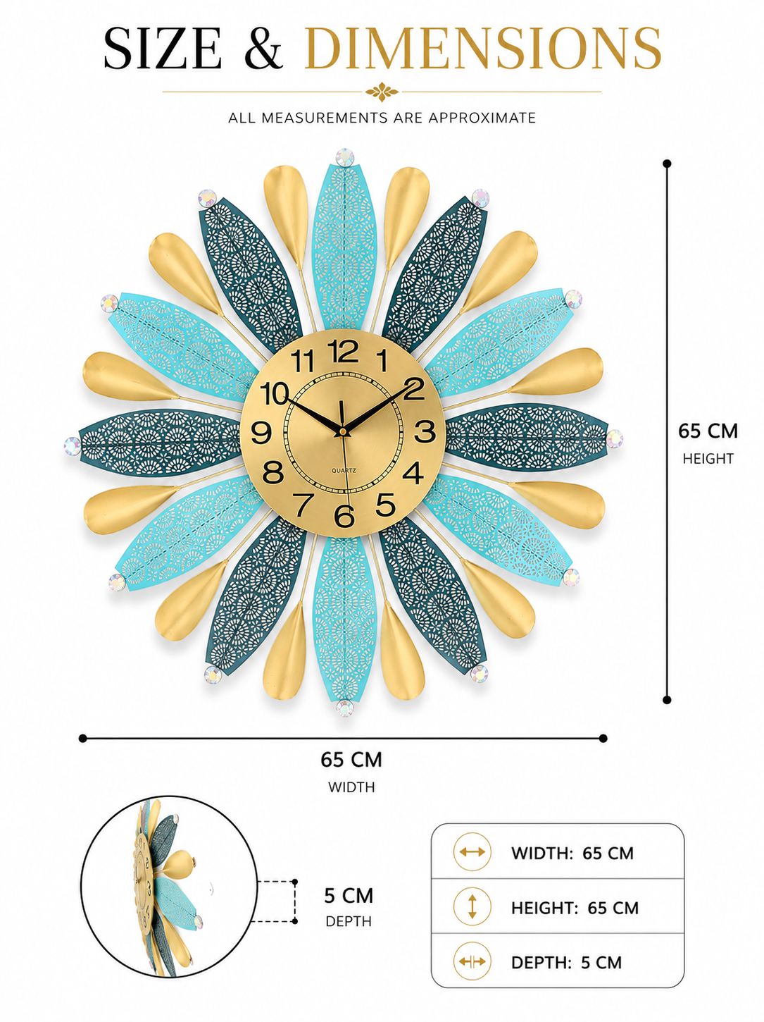65 cm decorative floral wall clock with metal construction and silent quartz movement