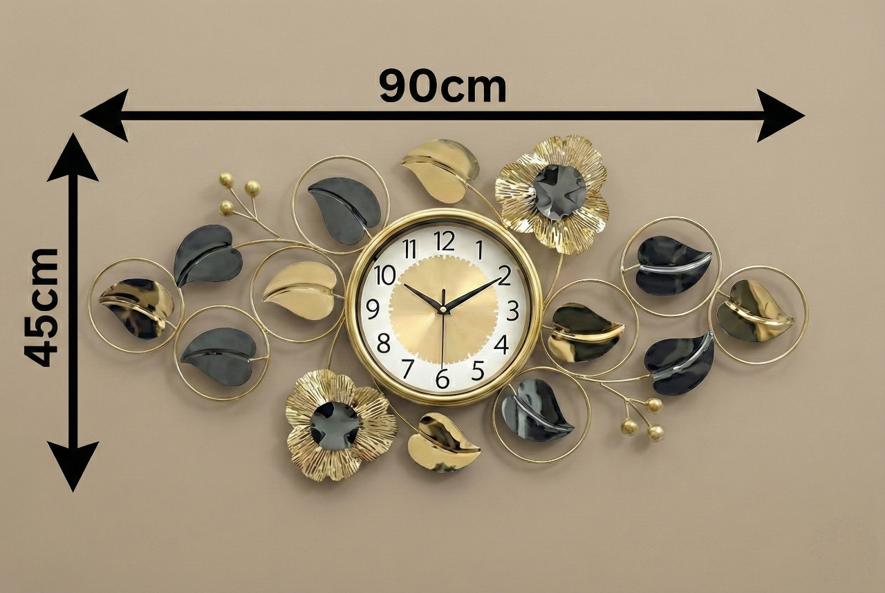 Luxury Iron Floral Wall Clock by FunkyTradition – Large Gold & Black Metal Wall Art Décor (90x45 cm) - Silent Movement