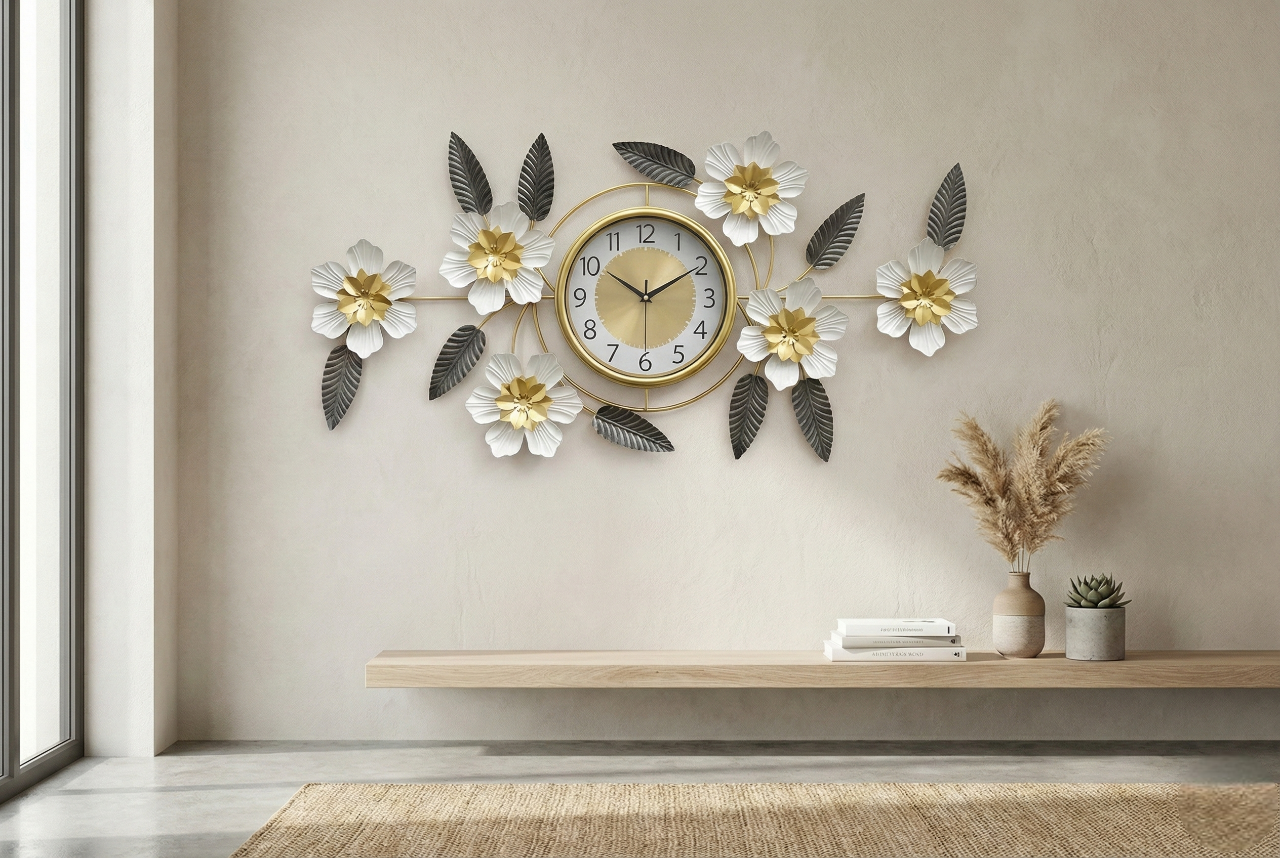 Luxury Iron Floral Wall Clock (90cm × 45cm) | 3D White & Gold Metal Wall Art for Living Room & Bedroom