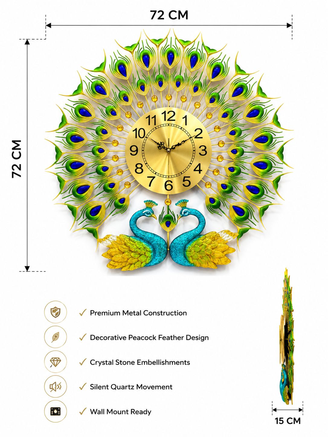 72 cm twin peacock metal wall clock with ceramic peacock design and 15 cm depth