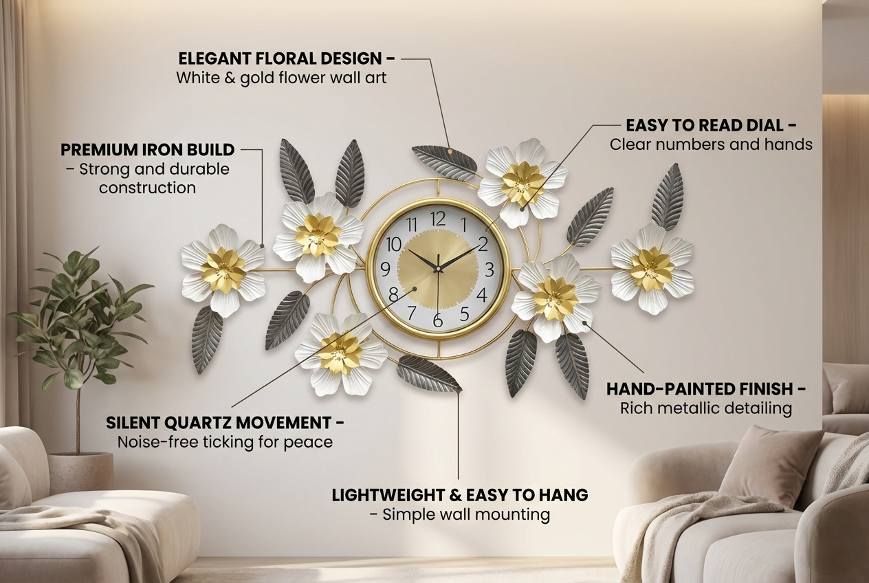 Luxury Iron Floral Wall Clock (90cm × 45cm) | 3D White & Gold Metal Wall Art for Living Room & Bedroom