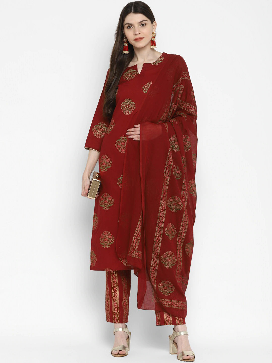 Maroon Woven Design Kurta with Trousers & Dupatta- FunkyTradition