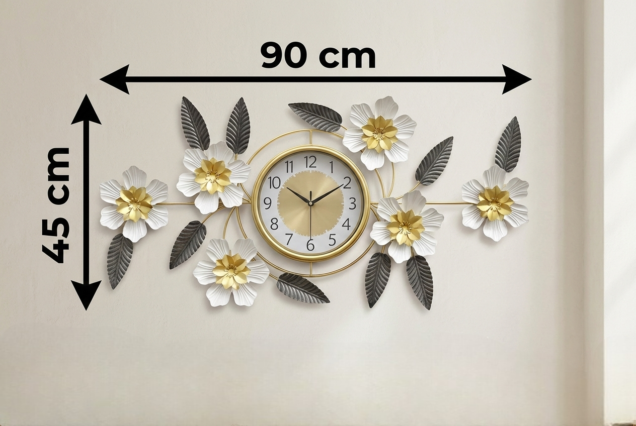 Luxury Iron Floral Wall Clock (90cm × 45cm) | 3D White & Gold Metal Wall Art for Living Room & Bedroom