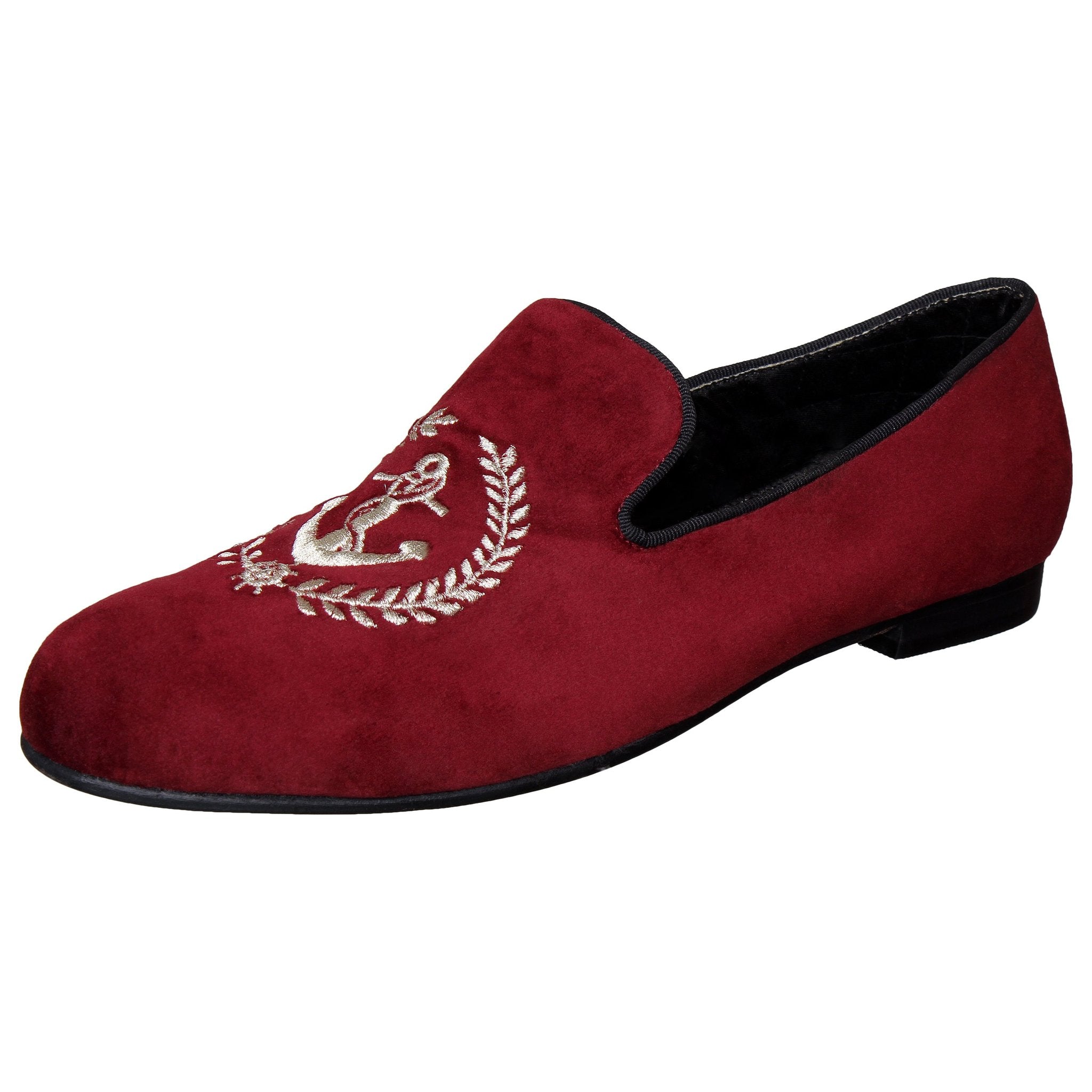 Maroon Velvet Anchor Embroidered Slip On For Men-FunkyTradition