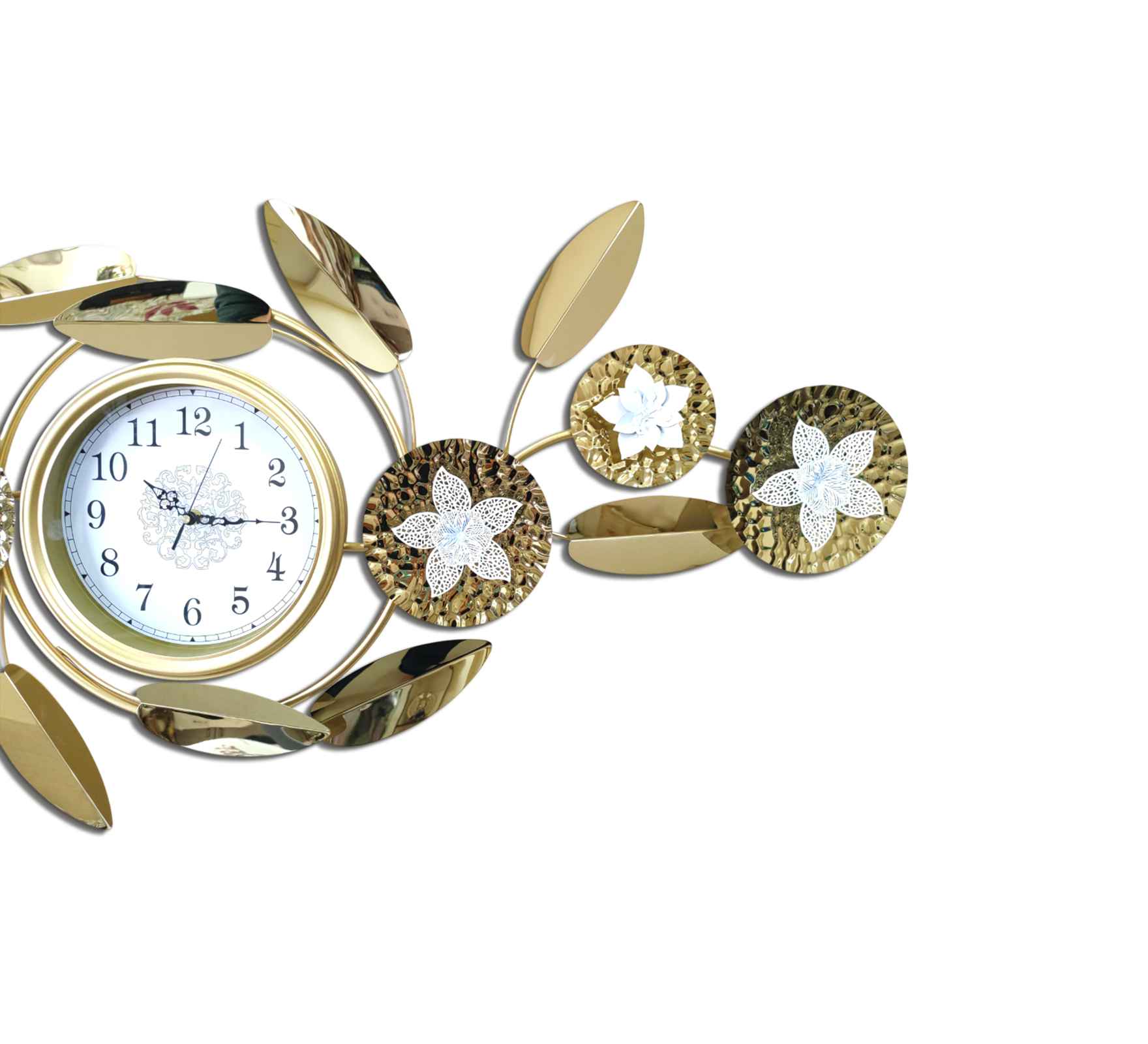 Luxurious Gold Metal Wall Clock – 48 Inch Decorative Floral Leaf Design, Large Modern Wall Art for Living Room, Office & Home Décor
