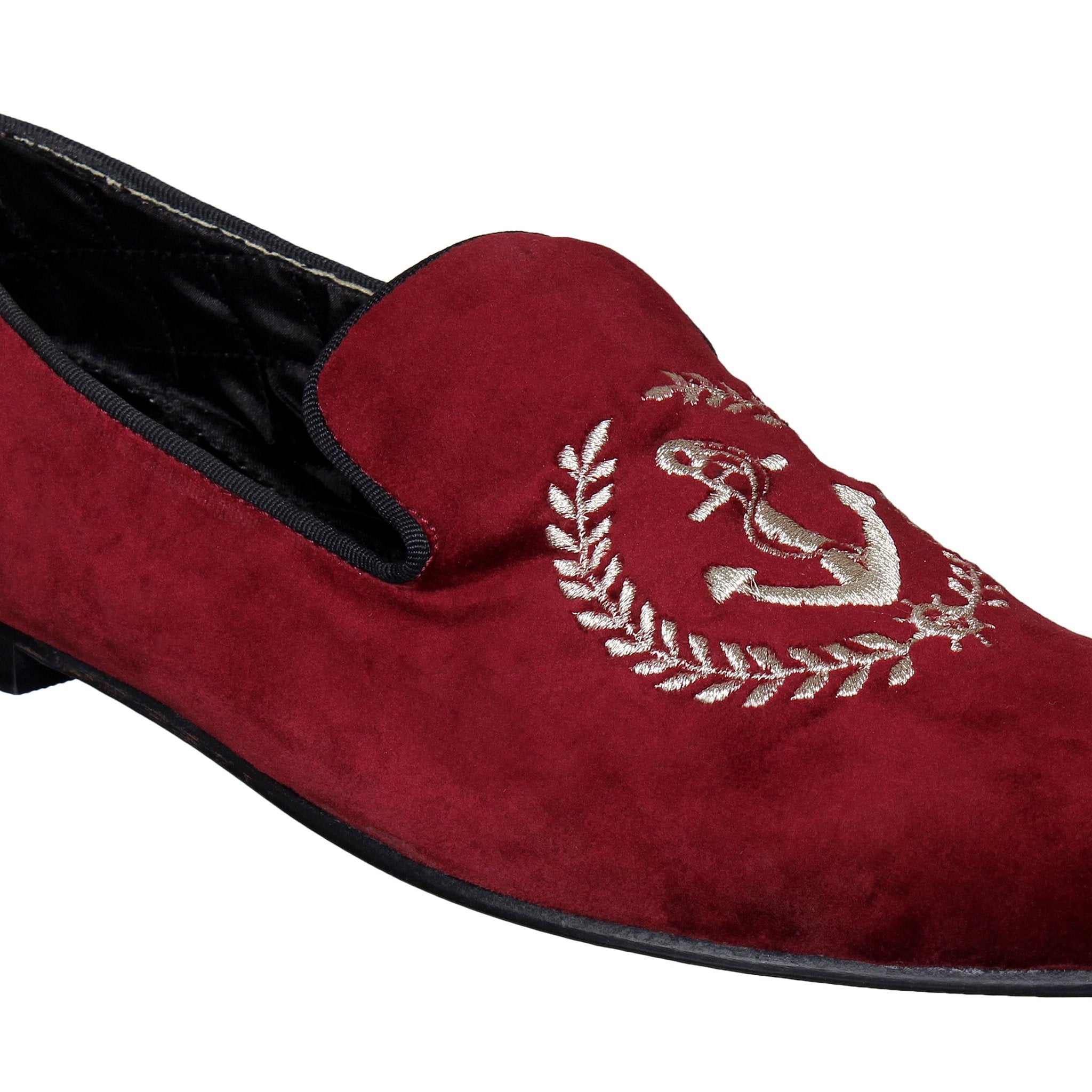 Maroon Velvet Anchor Embroidered Slip On For Men-FunkyTradition