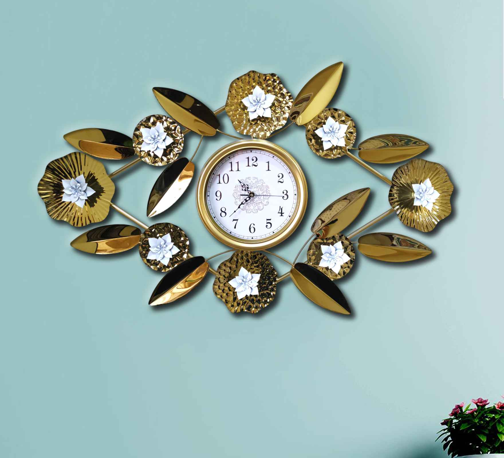 Luxury Gold Leaf Floral Wall Clock and Elegant Metal Art for Home Décor- FunkyTradition