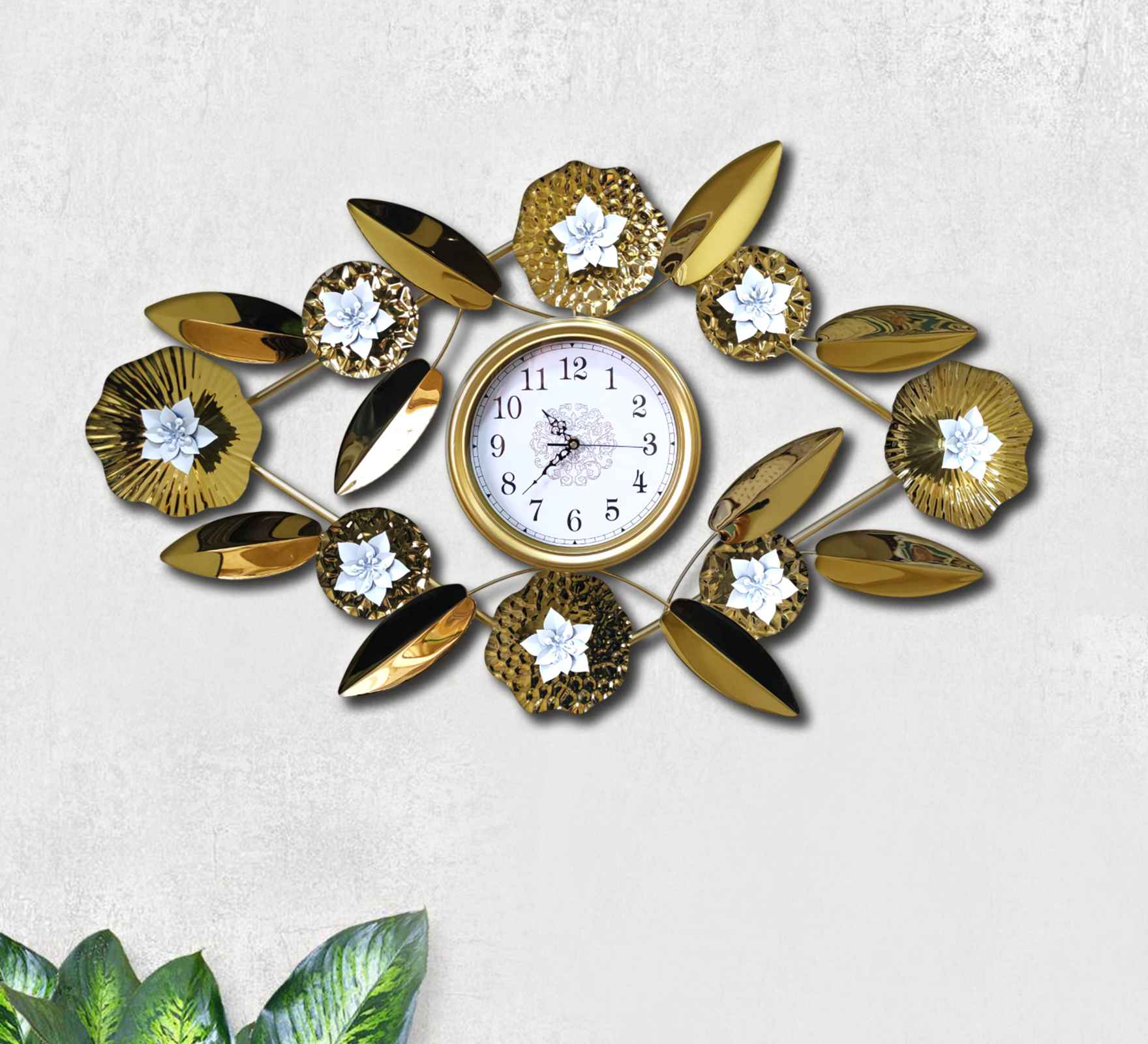 Luxury Gold Leaf Floral Wall Clock and Elegant Metal Art for Home Décor- FunkyTradition