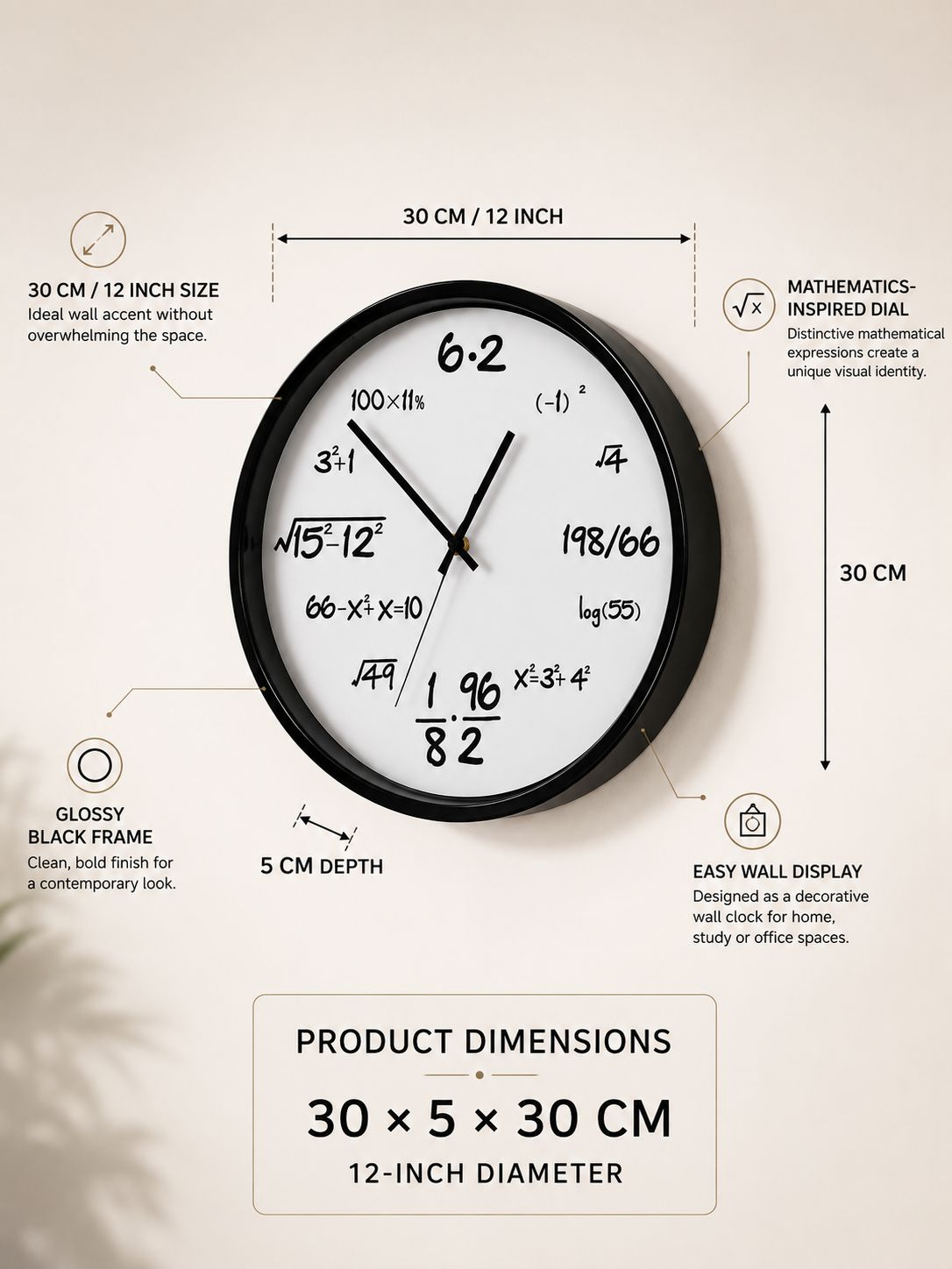 A black-framed round wall clock with a white face and mathematical symbols as hour markers, shown with dimension callouts and text listing product measurements on a light beige background.