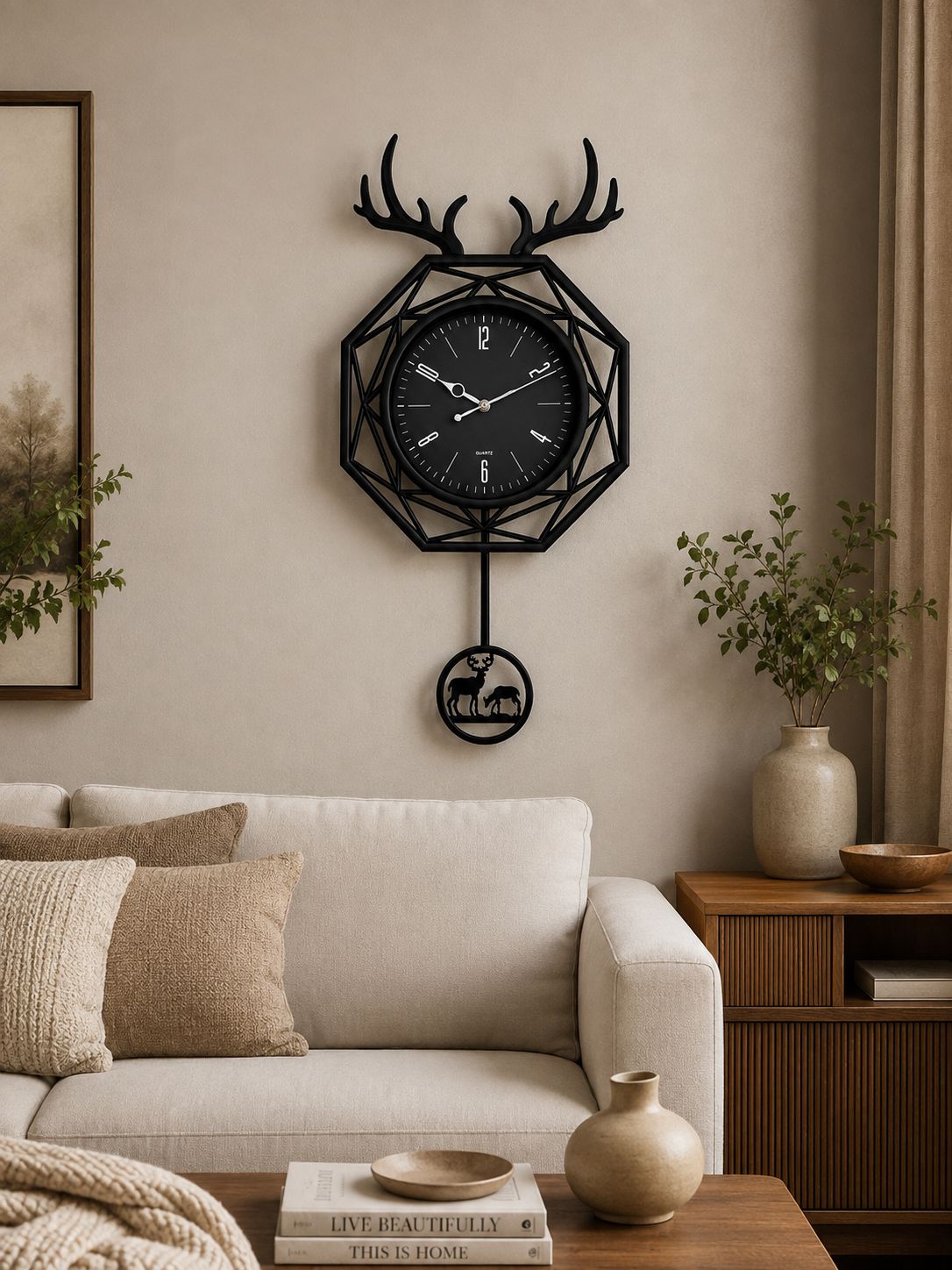 A black metal geometric wall clock with antler motifs and a hanging deer silhouette, displayed above a light beige sofa in a styled living room.