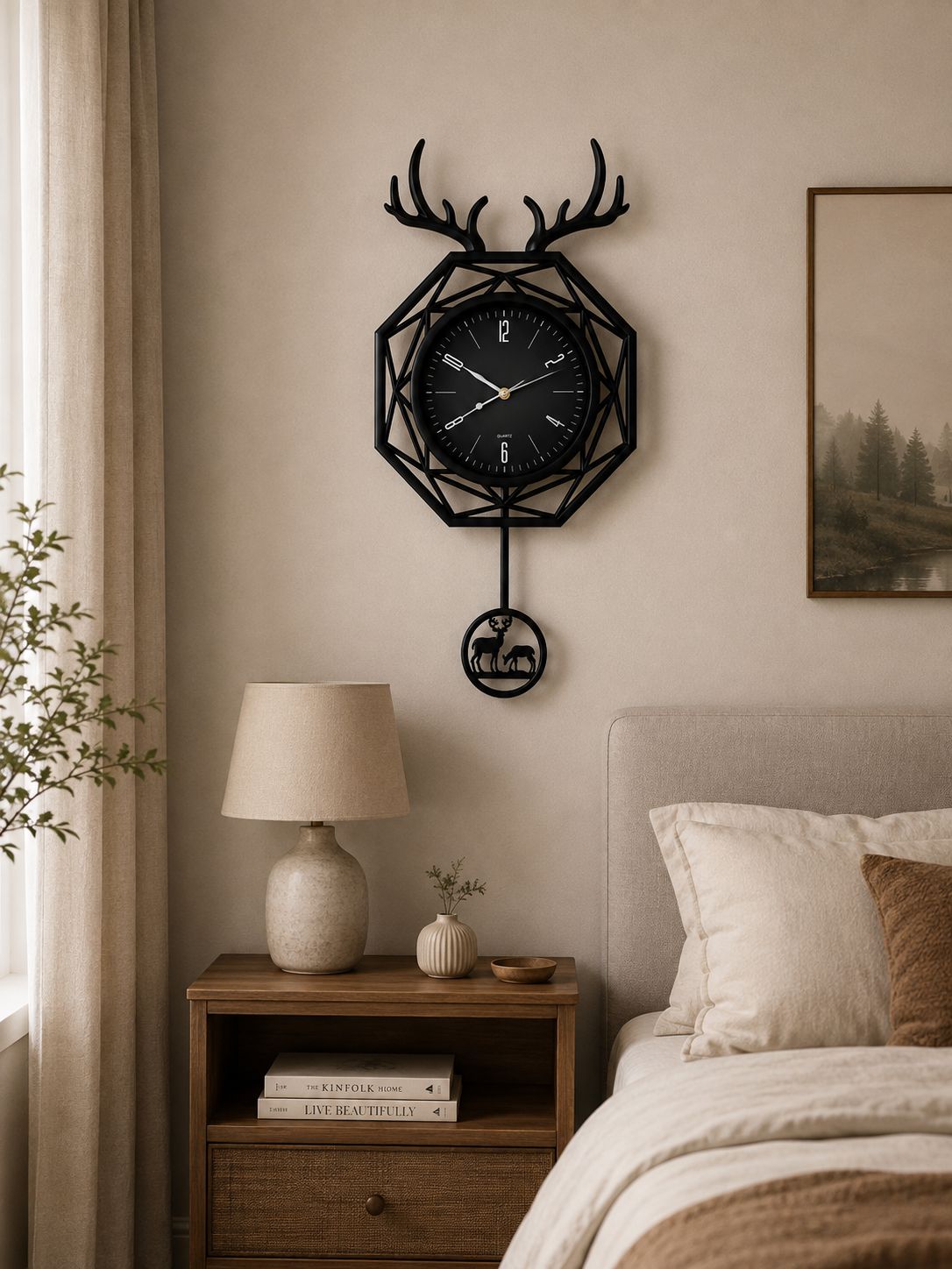 A black metal geometric wall clock with antler motifs hangs above a wooden bedside table in a softly styled bedroom. The scene includes a beige lamp, books, a bed with cream bedding, and a framed landscape print on the wall.