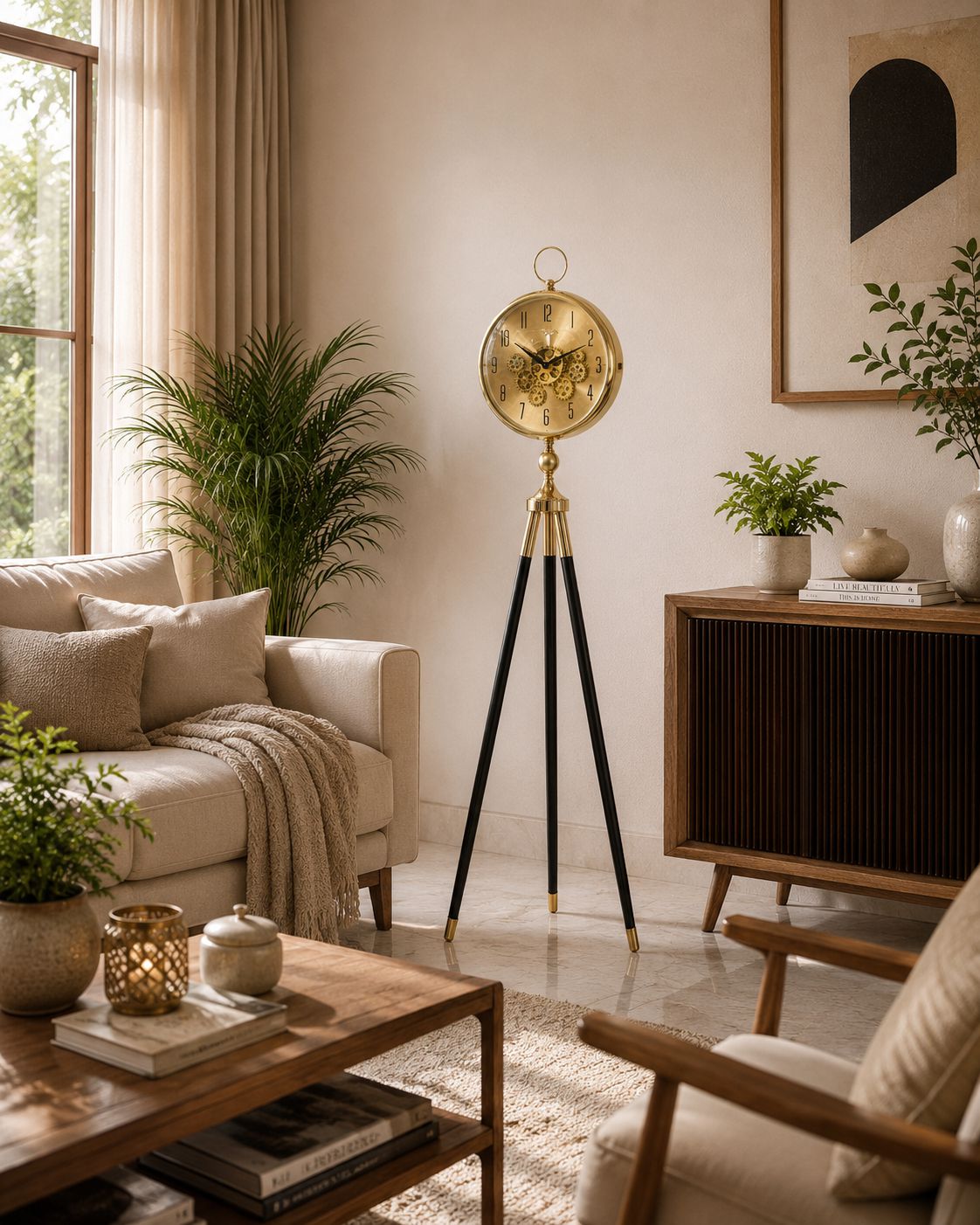 A brass and black tripod floor clock stands in a beautifully styled living room with beige walls, a sofa, a wooden cabinet, and potted plants.