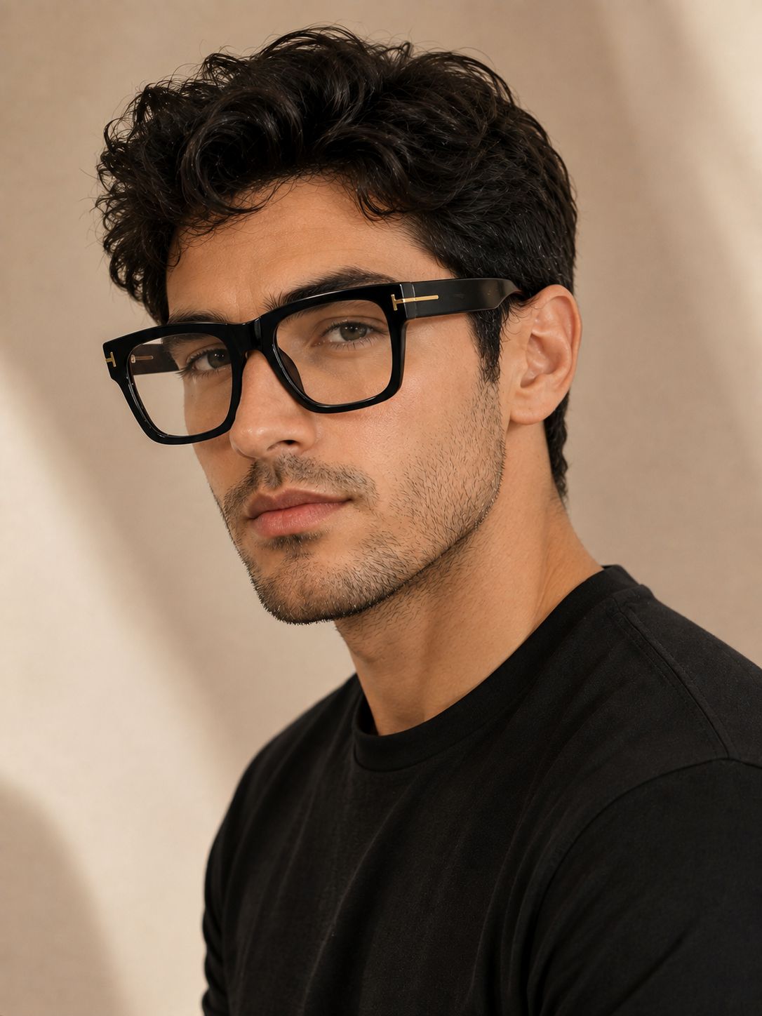 A close-up portrait of a man with dark curly hair wearing black square eyeglasses with a gold accent on the temple and a black t-shirt, set against a warm beige background.
