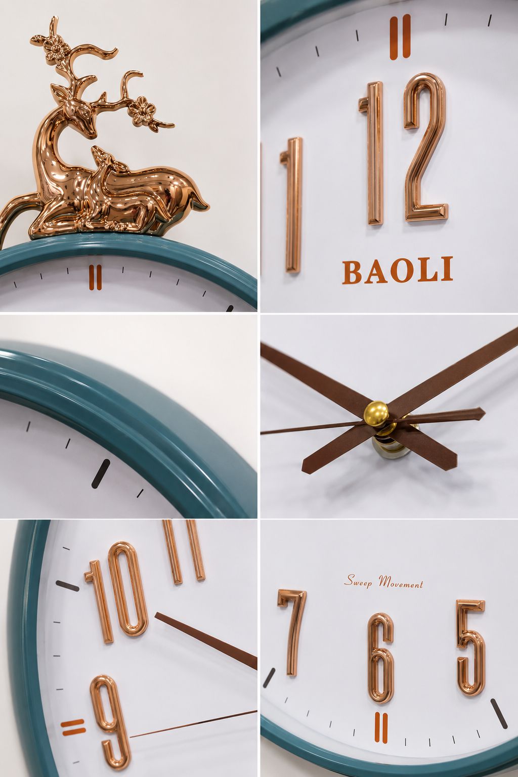 A collage of six close-up views of a Baoli wall clock, showing a bronze deer finial, large raised numerals, dark brown hands, and a teal rim against a white clock face.