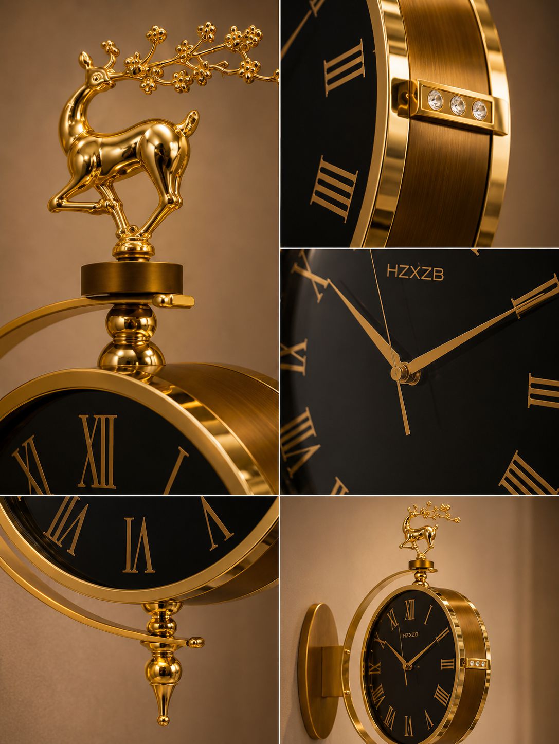 A collage showing close-up details of a decorative wall clock with a gold deer figurine on top, black dial face, gold Roman numerals, and a brass-toned outer frame. The collage includes views of the side detail with crystal accents, the clock face with gold hands and the brand text 'HZXZB', the wall mount bracket, and a full angled view of the clock against a warm beige background.