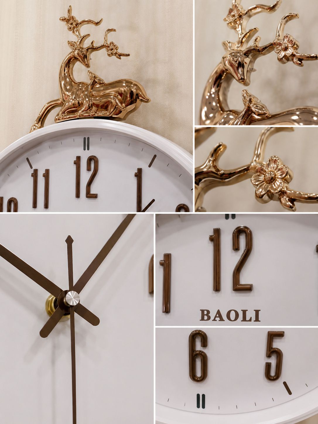 A collage showing close-up details of a wall clock with a white face, dark brown numerals and hands, and a metallic gold deer and antler ornament on top. The text 'BAOLI' is visible on one panel.