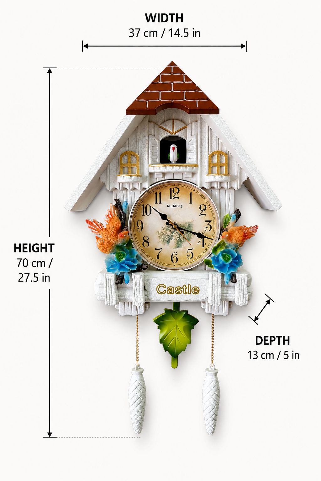 A cuckoo clock shaped like a white cottage with a brown roof, decorative flowers, and two hanging weights, shown with dimension labels for width, height, and depth on a light gray background.