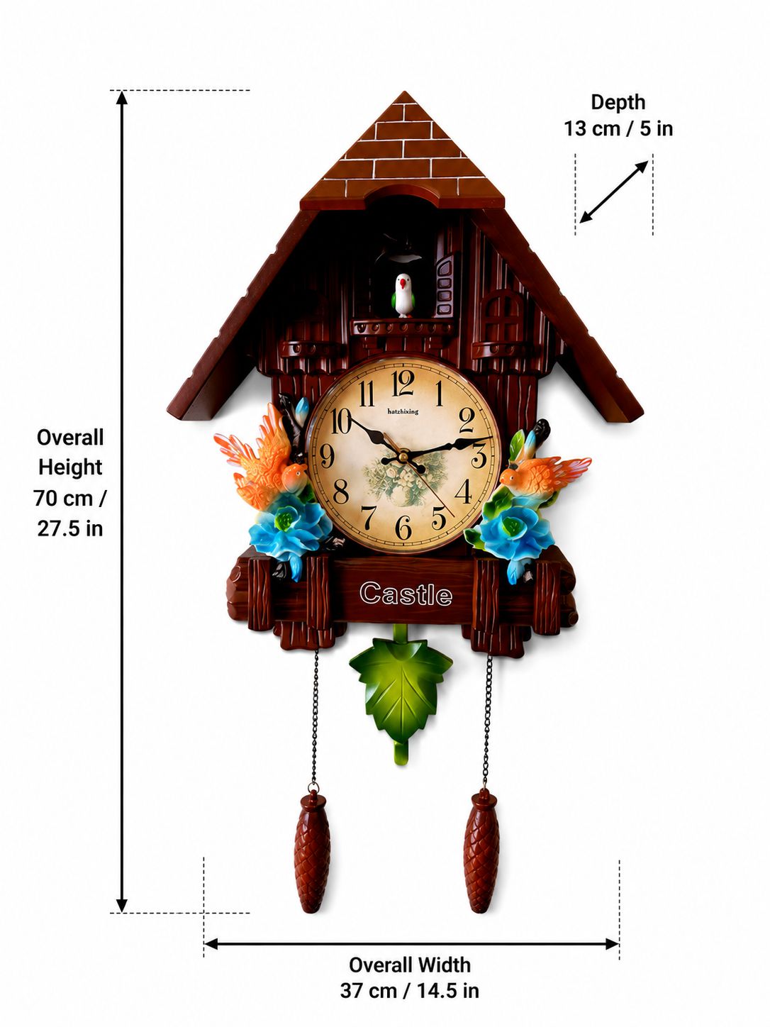 A cuckoo clock shown on a white background with overlaid dimension labels for overall height, depth, and overall width. The clock has a brown house-shaped body, a cream clock face with black numerals, blue and orange decorative flowers, a green leaf, and two brown pendulums hanging below.