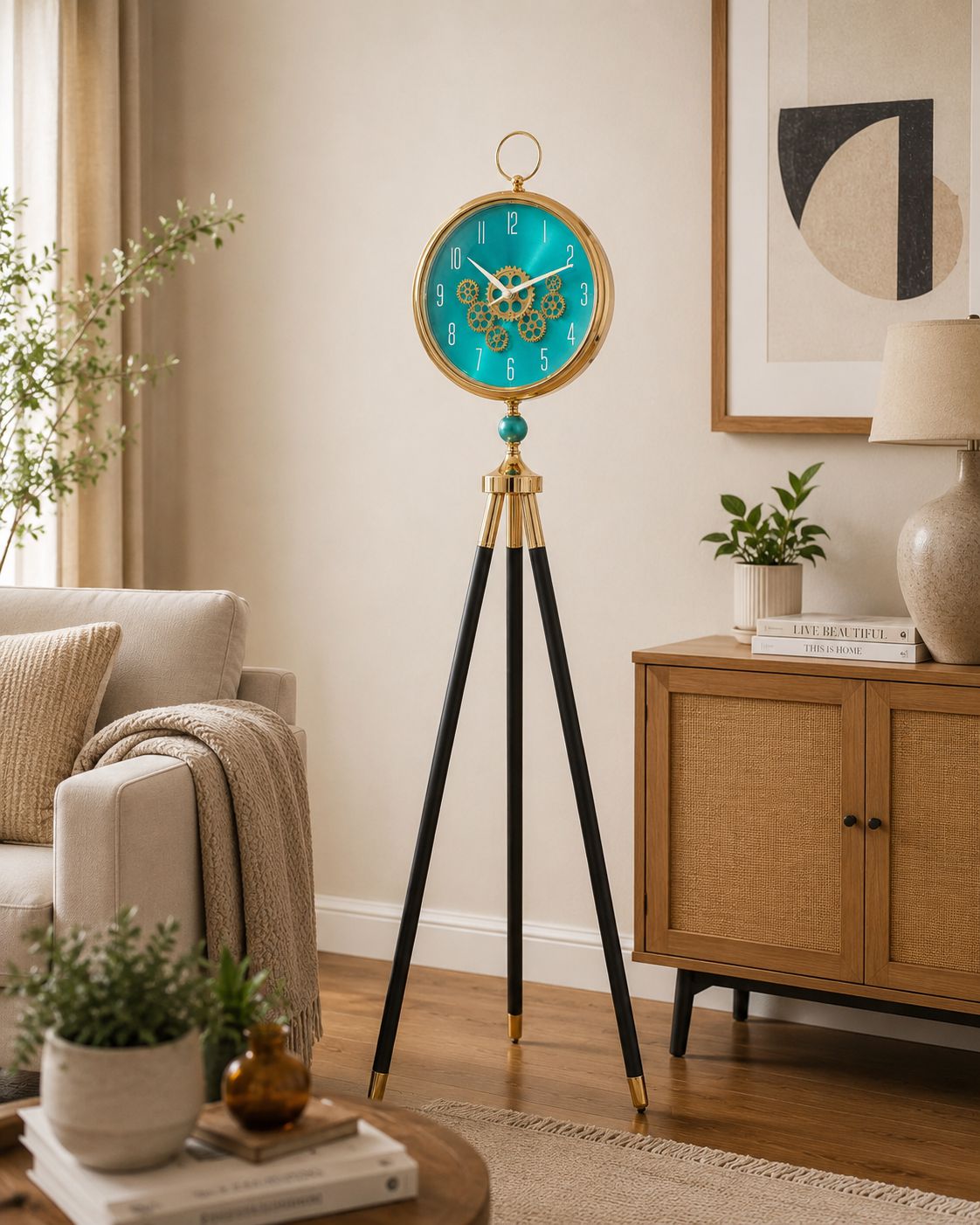 A decorative tripod floor clock stands in a styled living room. The clock has a turquoise blue face with gold ornamental details, gold-toned hardware, and three black tripod legs with gold caps.