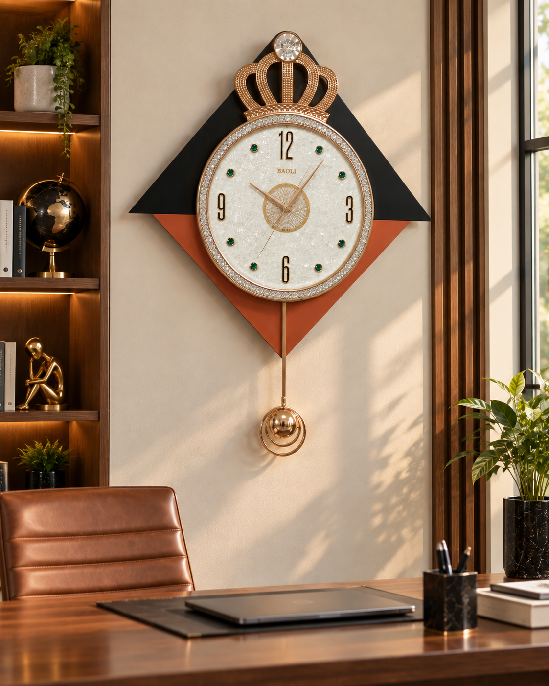 A decorative wall clock mounted above a wooden desk in a styled office or home interior. The clock has a crown motif at the top, a white face with gold details, and a geometric black and rust-orange wall mount.