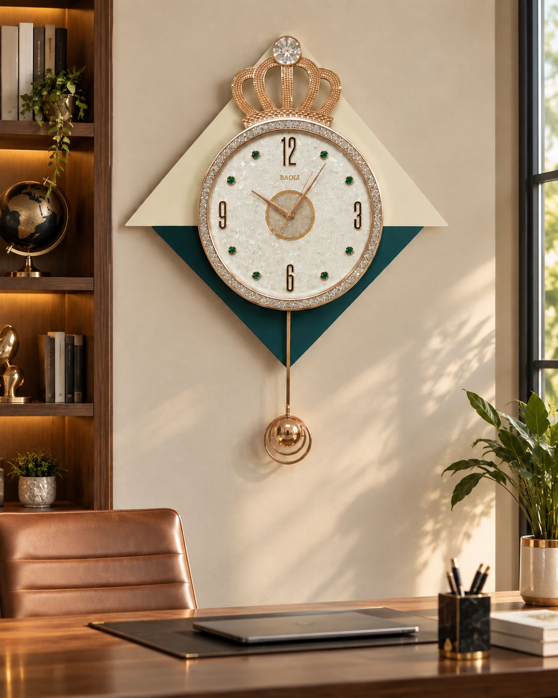 A decorative wall clock mounted on a beige wall in a modern office setting. The clock features a gold crown at the top, a white clock face with black Arabic numerals and green dot accents, and a teal geometric background with a gold pendulum below.
