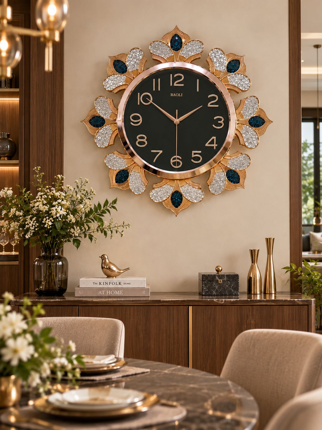 A decorative wall clock with a black face and gold-tone frame, surrounded by glittery gold and dark blue petal-like accents, mounted above a console table in a styled dining room.