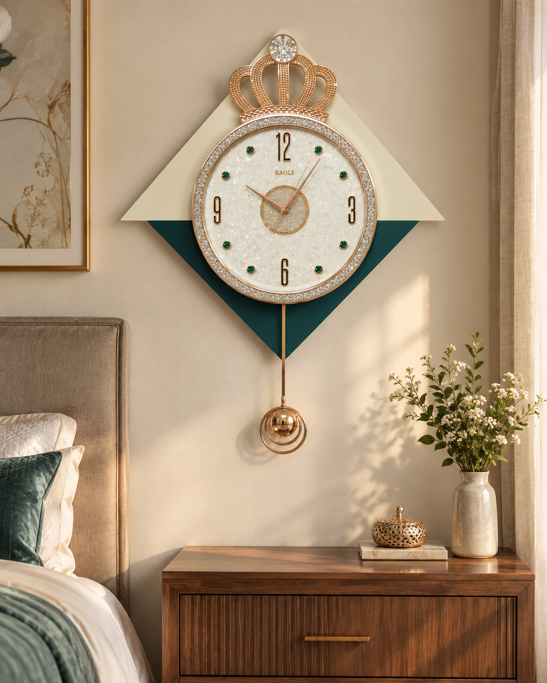A decorative wall clock with a crown motif and a round face hangs above a wooden nightstand in a styled bedroom. The clock has a cream and teal geometric background, a gold crown top, and a gold hanging weight.