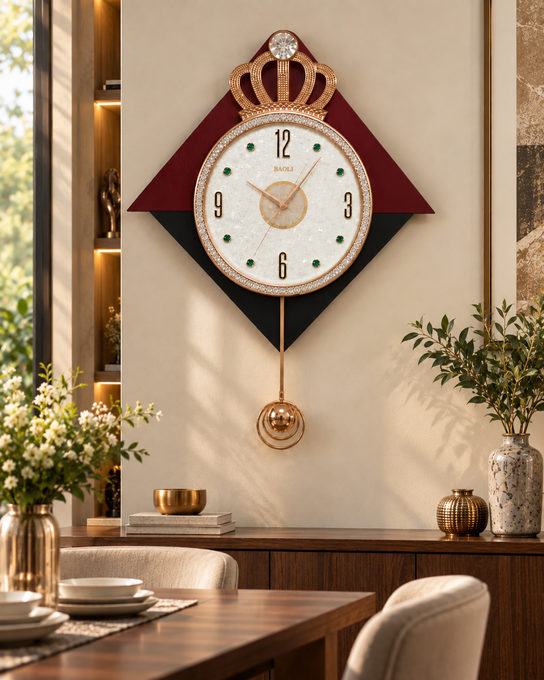 A decorative wall clock with a crown motif and gold-toned details hangs above a wooden console table in a styled dining room. The clock face is white with black numerals and green dot hour markers, set against a geometric red and black background.