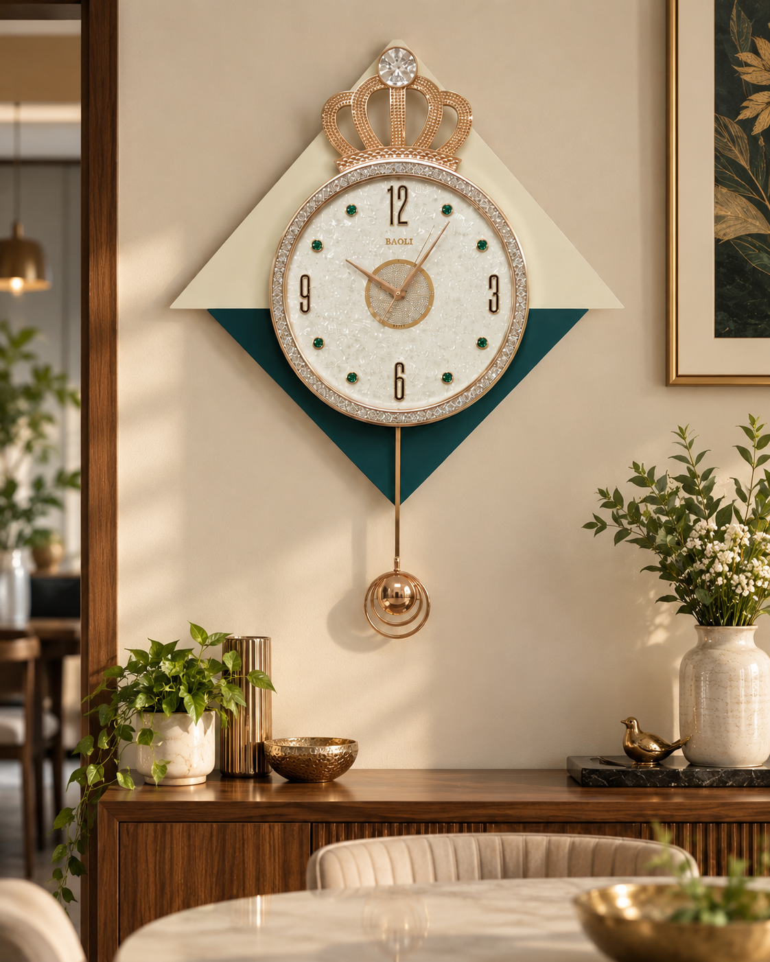 A decorative wall clock with a crown motif and hanging pendulum, mounted on a beige wall in a styled interior. The clock face is white with black numerals and gold hands, surrounded by a rhinestone-like border, with a gold crown above and a dark teal geometric background shape behind it.