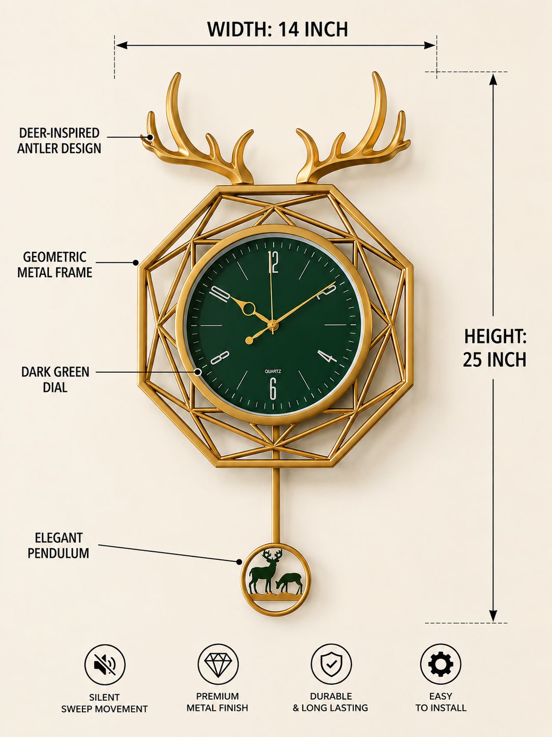 A decorative wall clock with a gold geometric deer-head frame, dark green dial, and hanging pendulum, shown with measurement labels and feature icons on a light beige background.