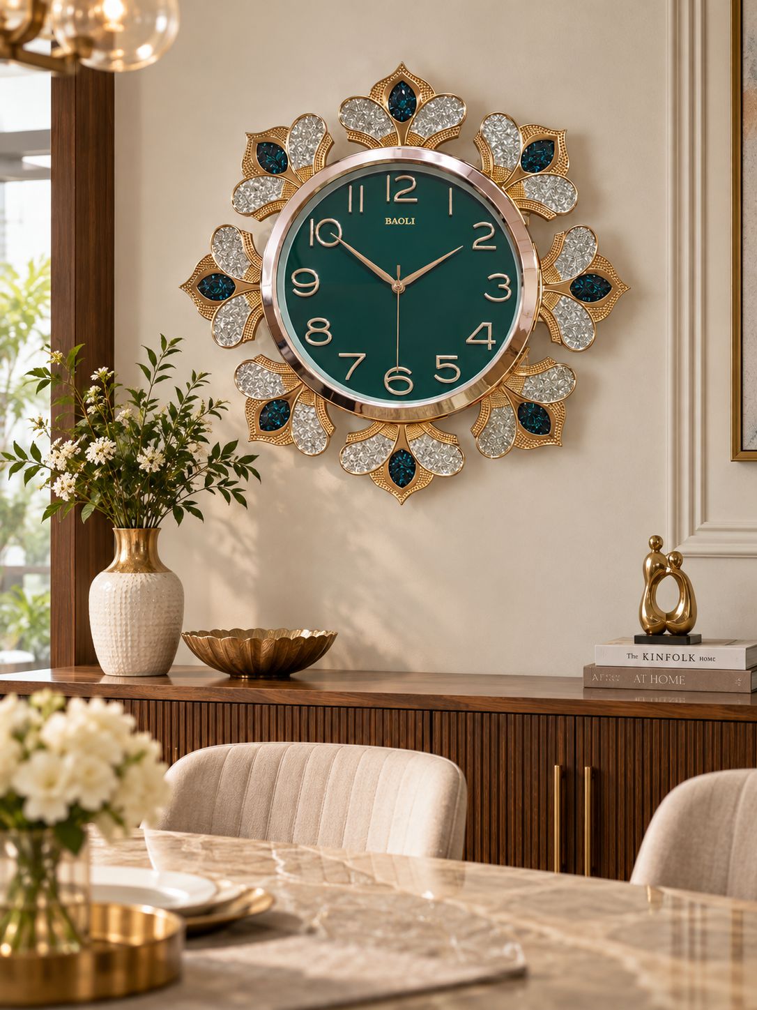 A decorative wall clock with a green round face and an ornate gold and silver sunburst frame, mounted on a beige wall in a styled dining room setting.