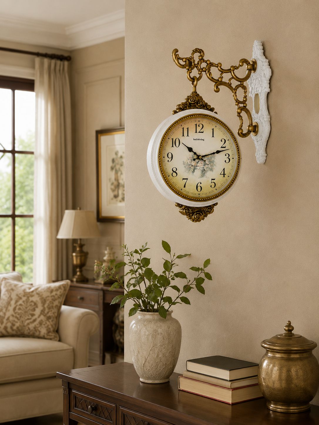 A decorative wall clock with a round white face, gold numerals and ornate gold bracket hardware, mounted on a beige wall in a styled living room setting.